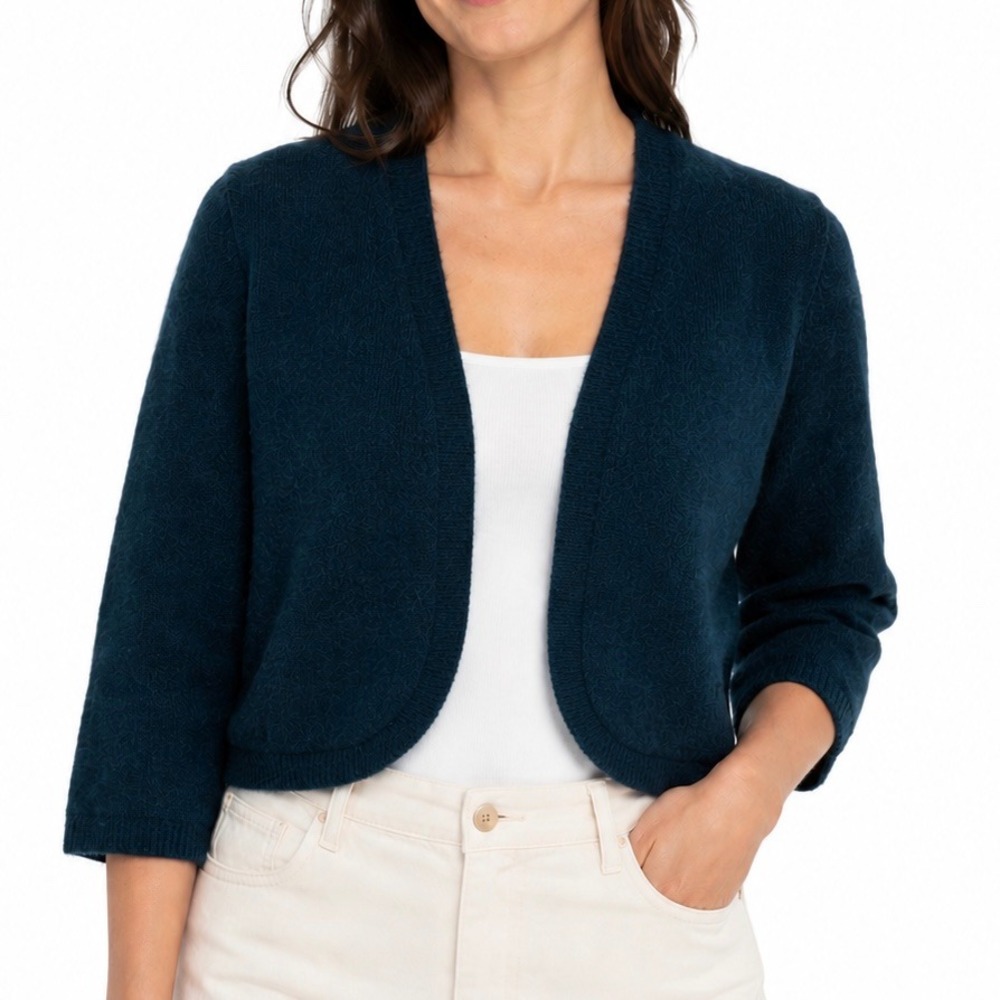 Peruvian Connection Baby Alpaca Blend Cropped Shrug Cardigan Teal Blue Large